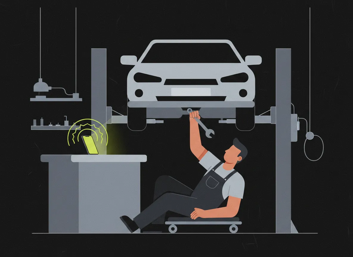 Illustration: A mechanic under a lifted car, wrench raised toward the undercarriage, a shop phone buzzing unanswered on the…