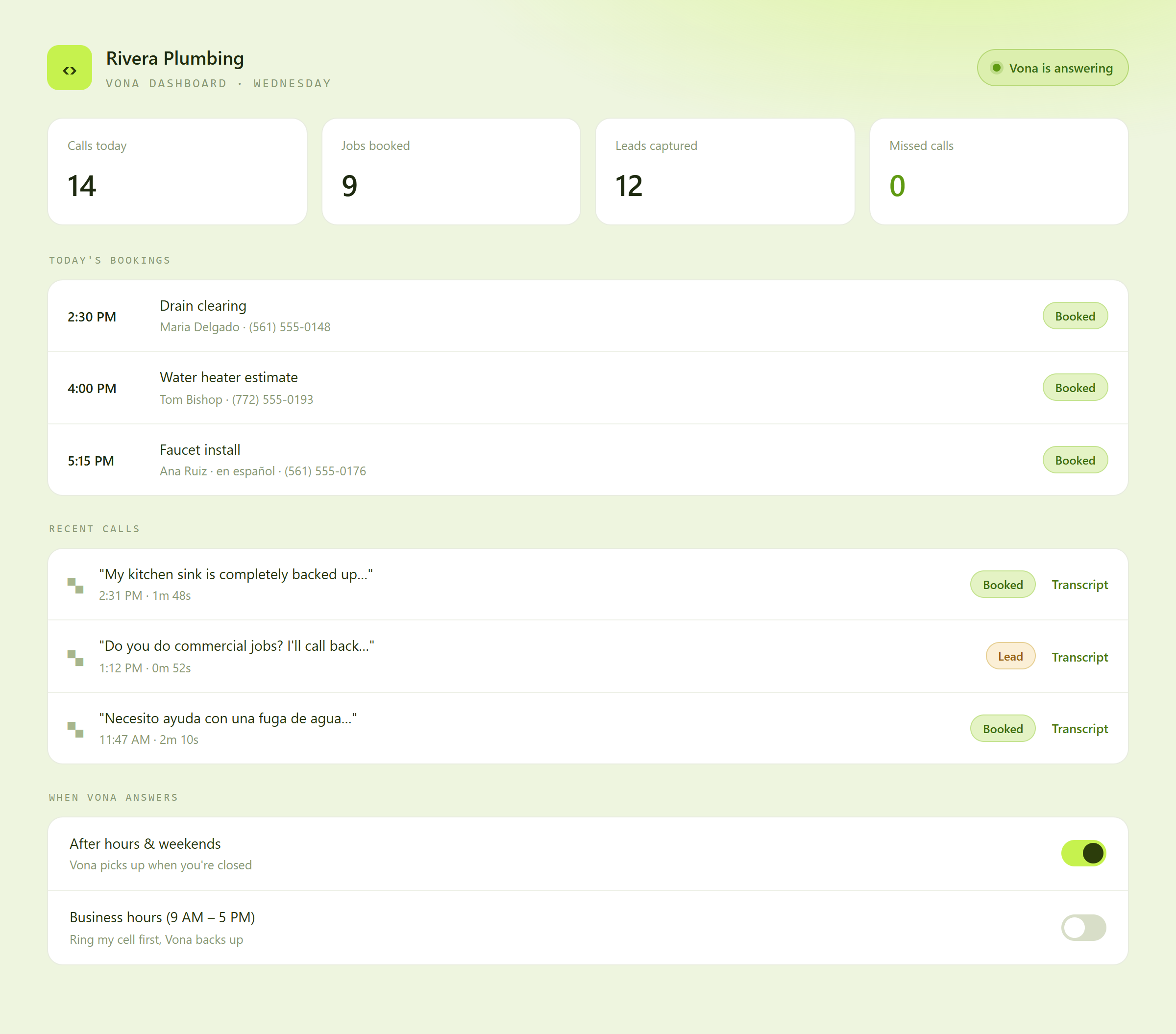 The VonaVoice owner dashboard