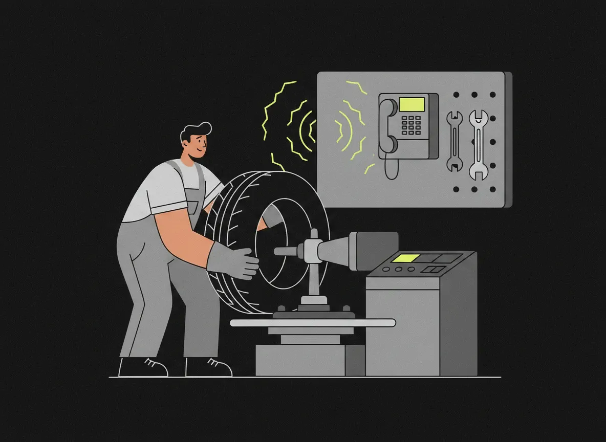 Illustration: A technician at the tire balancer mid-job, a loose tire in hand, the shop phone ringing unanswered on the…